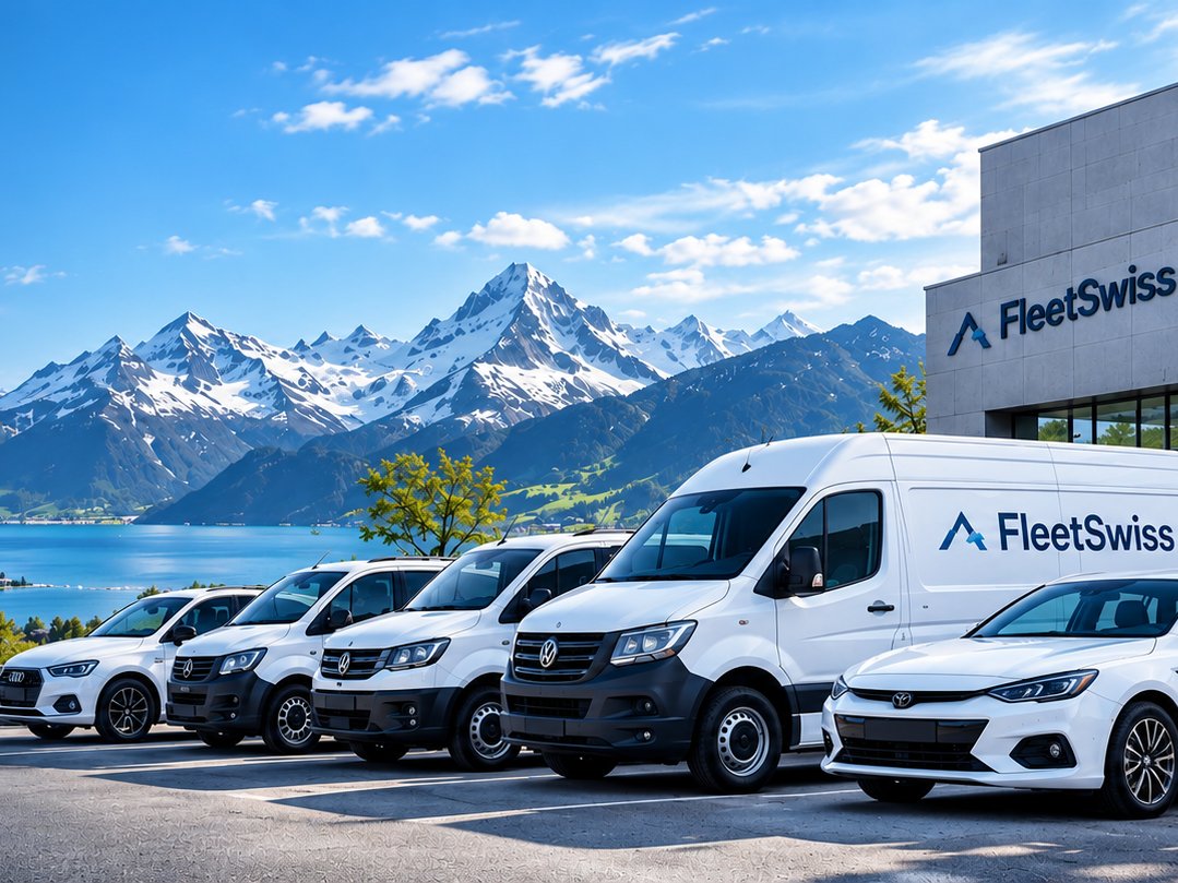 Weisse FleetSwiss-Firmenfahrzeuge vor einem FleetSwiss-Gebäude und Alpenpanorama
