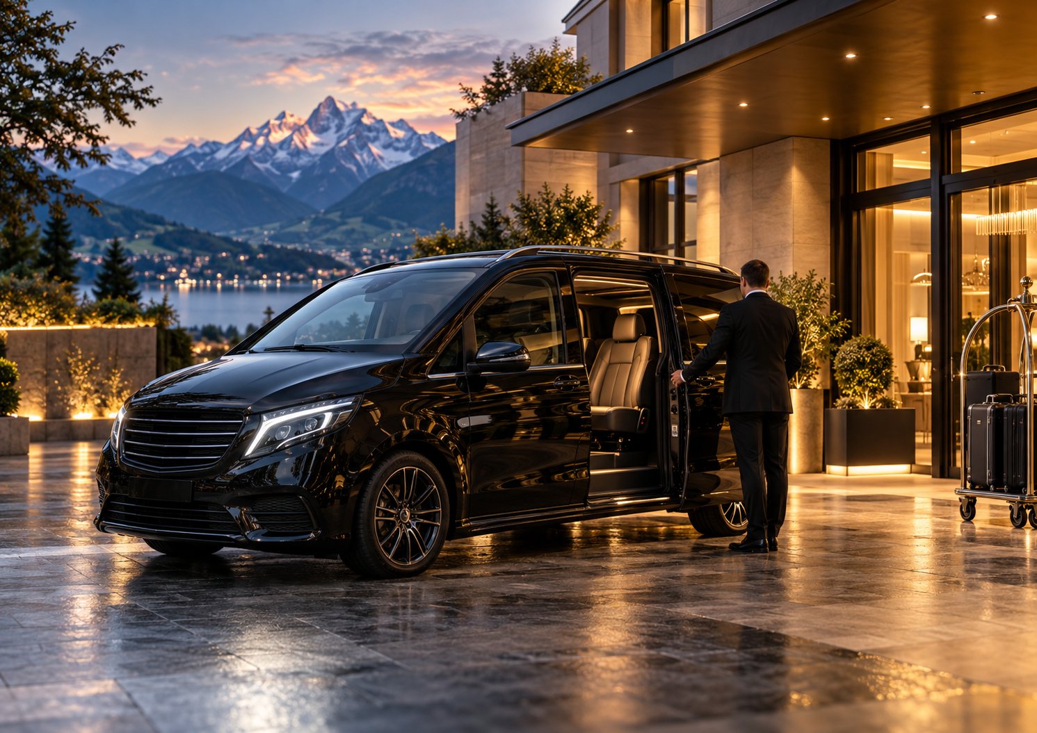 Schwarzer Van vor einem beleuchteten Hoteleingang, ein Chauffeur öffnet die Schiebetür; im Hintergrund Alpen und See in der Abenddämmerung
