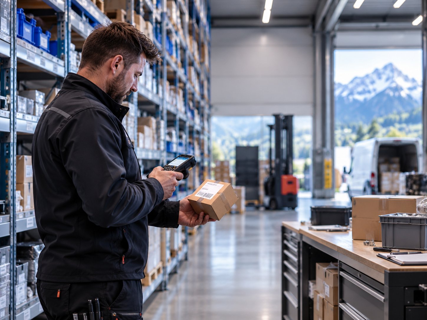 Mitarbeiter scannt im Lager ein Paket mit einem mobilen Handscanner; im Hintergrund Regale, Stapler und Alpen