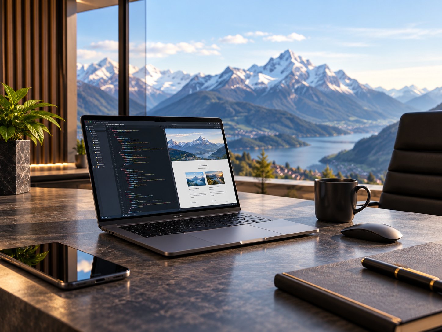 Laptop mit Code-Editor und Website-Vorschau auf einem Schreibtisch vor Fensterfront mit Alpen und See